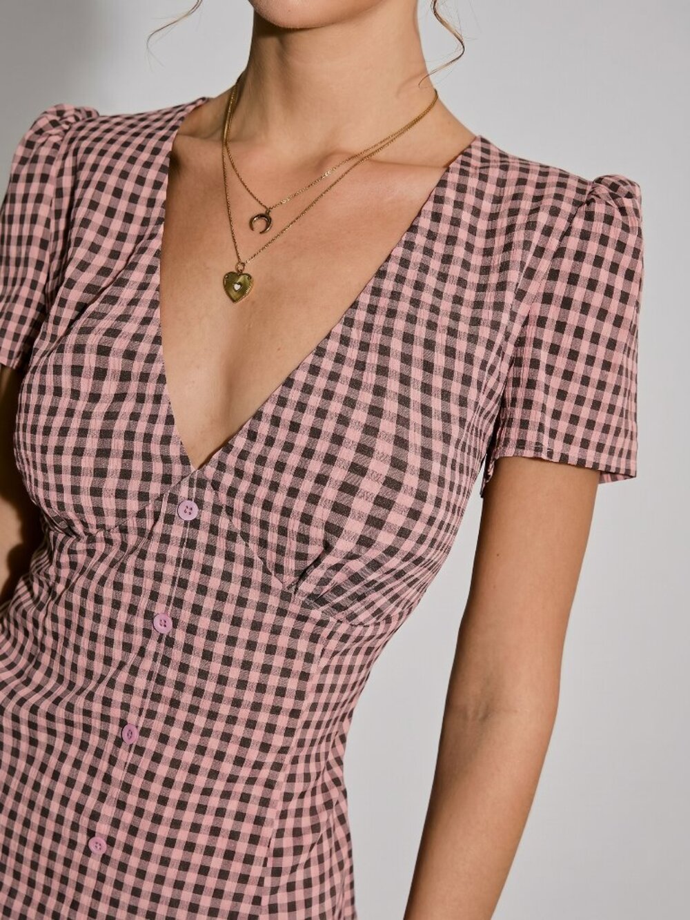 Women’s Pink Plaid Mini Dress V Neck Button Front Cottagecore Sundress - Picture 3 of 5